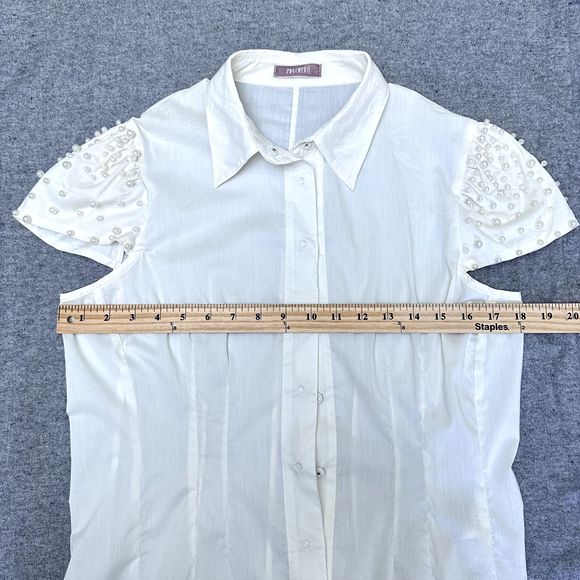 Zucchero Womens Shirt SZ 38/M White Pearls Embellished Cap Sleeves Snap Buttons - Picture 13 of 13